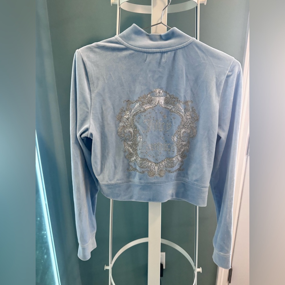 Juicy Couture Baby Blue Velour Cropped Zip Hoodie Y2K Rhinestone Logo